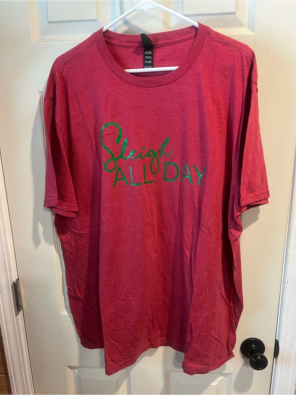 District Pink-Red Short Sleeve Tee with Green "Sleigh All Day" Graphic